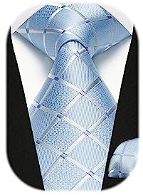 HISDERN Krawatten Herren Hellblau Formelle Klassische Karierte Krawatte mit Einstecktuch Hochzeit Herrenkrawatte und Taschentuch Set für Männer