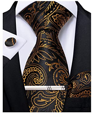 DiBanGu Corbata de seda para hombre con estampado floral y gemelos cuadrados de bolsillo, corbatas clásicas formales para bodas y fiestas, cachemira negra y dorada, Taille unique