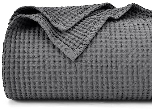 PHF Manta de gofre 100% algodón, 220x240 cm, prelavada, suave, ligera, transpirable, para todas las estaciones, capa perfecta para sofá, cama, sofá, tamaño queen, color carbón