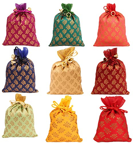 Touchstone Nuevo tradicional indio, hecho a mano, atractivo patrón de pétalos, regalos de compras, joyería de boda, vibrante multicolor, dulce distribución con cordón, juego de 9 para mujeres.