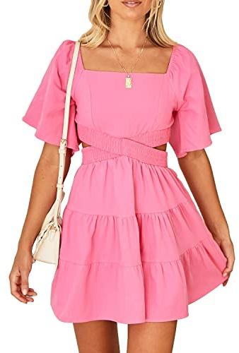 Shy Velvet Women's Summer Dress Square Neck Short Sleeves Crossover Waist Casual Party Mini Dress Pink