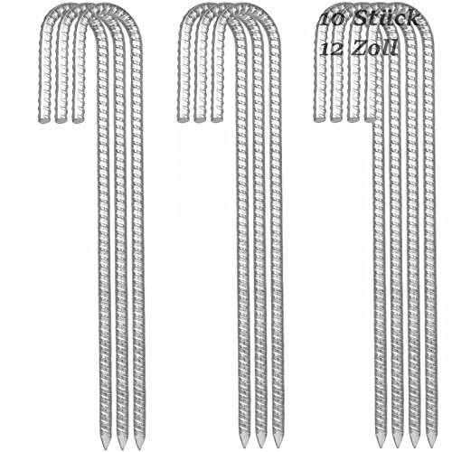 ZEONHEI 10 Stück 12 Zoll Bodenanker Verzinkter Stahl Bodenpfähle, 30cm Verzinkte Bewehrungspfähle, J-Förmige Zeltheringe, Garten Heringe J-Haken mit Meißelspitze für Trampolin Zelte Vordächer Schaukel