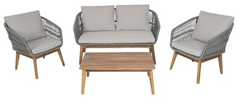 Grindi - Gartenmöbel Lounge Set, Seilgeflecht, Seilbespannung, Balkonmöbel - 4 Personen, mit Sofa, Tisch & Stühlen - grau, Poma - wetterfest Sitzbezüge - für Garten, Balkon, Terrasse, Flache