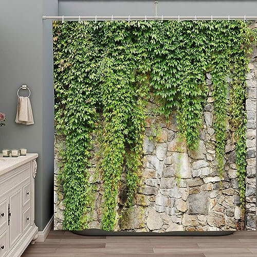 ZZYSKS Stone Brick Wall Shower Curtain Green Leaves Garden Landscape Nature Plant Scenery Rustic Marble Rocks Stone Wall Bathtub Curtains Fabric Bathroom Accessories with Hooks