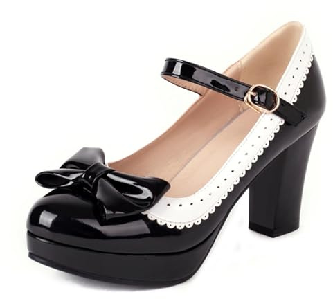 FOREADA Mary Jane Shoes for Women Kawaii Platform High Heels Retro Bow Lolita Shoes Vintage Dress Pumps Black/Red/Yellow