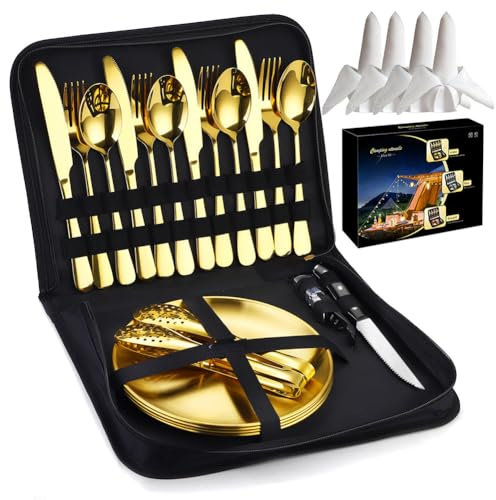 Camping Cutlery Set, Service for 4, 24 Pieces Stainless Steel Gold Tableware with Case Knifes Spoons Forks Plate Grill Tong and Bottle Opener for Picnics, Hiking, Road Trips,Camping Adventures