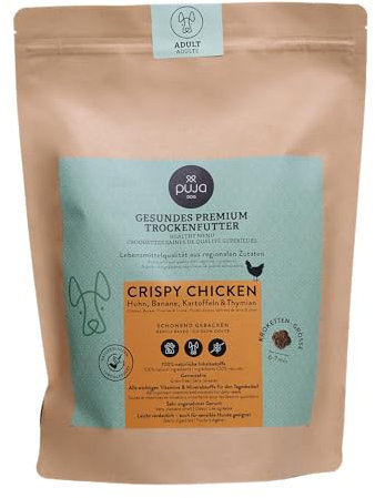 PUJA Premium Trockenfutter Crispy Chicken für Hunde 1kg – Hochverträglich mit viel Huhn, Banane, Kartoffeln & Thymian - wiederverschließbarer Genussbeutel I Angenehmer Geruch
