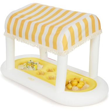 Giant Floating Yellow Cabana Stripe Drink Station, Removable Fabric Shade with Fringe, Perfect for Parties, Table-Top Decorations and in-Pool Refreshments.