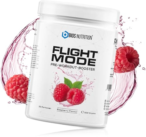 FLIGHTMODE Booster före träning 500gr (Hallon) Vegansk - 33 portioner - inget stickande och inget kreatin - BIOS Nutrition (Tillverkad i Tyskland)
