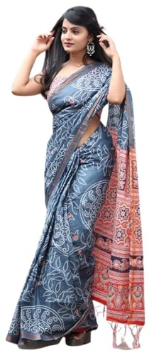 C J Enterprise Women’s Soft Linen Cotton Silk Saree For Wedding With Blouse Piece (Kalamkari), Grey, One Size