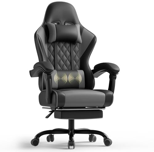 TRIUMPHKEY Gaming Chair for Adults with Footrest, Ergonomic Computer Chair with Massage Lumbar Support, Reclining Backrest, Swivel Office Gamer Chair with Headrest (Gray)