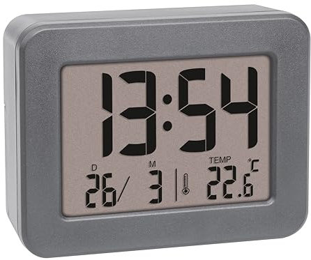 TFA Dostmann Digitaler Reise Wecker, 60.2044.10, batteriebetrieben, mit Weckalarm laut, inkl Innenthermometer, Datumsanzeige, Quarzuhr, klein und kompakt, grau