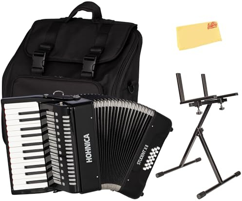 Hohner Hohnica Student XII 44-Key 18 Bass Piano Accordion - Black Bundle with Gig Bag, Adjustable Stand, and Austin Bazaar Polishing Cloth
