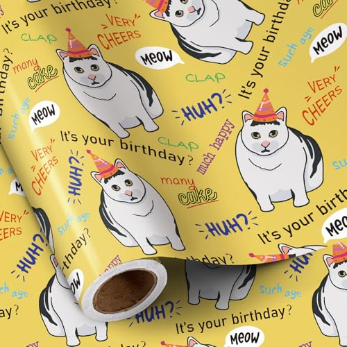 RUSPEPA Divertente carta da regalo di compleanno, mini rotolo, motivo gatti di buon compleanno, per feste di compleanno e occasioni speciali, 43,2 cm x 5 m, motivo: gatto