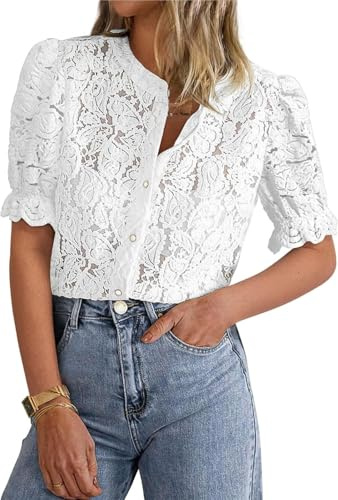 LLECDASEUI Womens Elegant Lace Dressy Blouses 2025 Summer Short Puff Sleeve Tunic Tops Crew Neck Button Down Shirts (L,White)