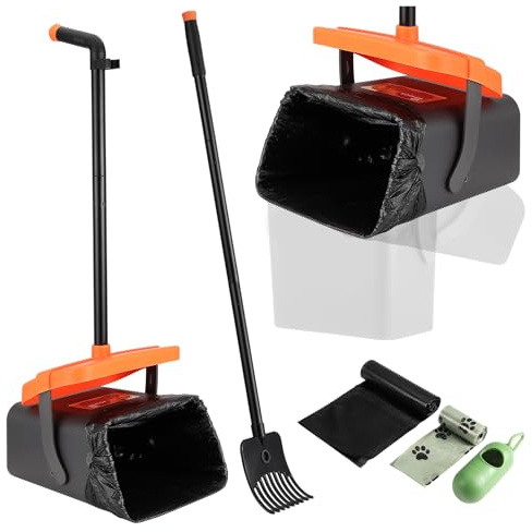 Kyrio Recogedor portátil para excrementos de perro, cubo giratorio y rastrillo con bolsas de residuos, mango largo, para patio, césped, jardín, grava