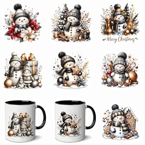 7pcs Merry Christmas Snowman Flower UV DTF Cup Wraps Transfer Sticker for Glass Cups Furniture Craft DIY Crafts，Rub on Transfer Stickers for DIY Water Bottle Laptop Decal Wood Car