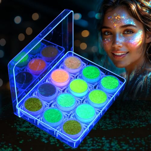 AOOWU Gel de Purpurina Luminoso, 12 Piezas Polvo Brillantes para la Cara, Polvo Corporal con Purpurina para Rostro y Cuerpo, Autoadhesivo, Efecto Luminoso, Carnaval Glitter Maquillaje para Fiesta