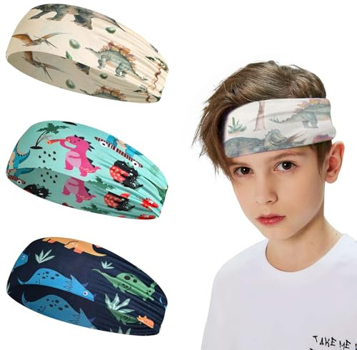 Fjquamitix Pack de 3 diademas transpirables para niños, con diseño de dinosaurio, absorben el sudor y son muy suaves, ideales para fútbol, escuela y guardería