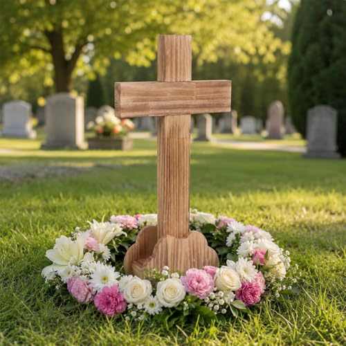 Croce in legno con base, 53 x 30 cm, massiccia con venature del legno bruciato, croce da tavolo, crocifisso moderno, adatta per Pasqua, Natale, meditazione, battesimo religioso, puristi
