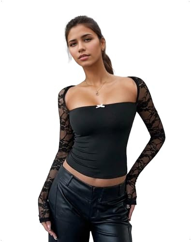 EMOTTOS Top Crop Donna Y2K, Sexy Pizzo Semi-Trasparente Lavorazione Traforata Patchwork, Maniche Lunghe vestibilità Slim Scollo Quadrato Profondo Maglietta Corta Elasticizzata Festival, Nero, M