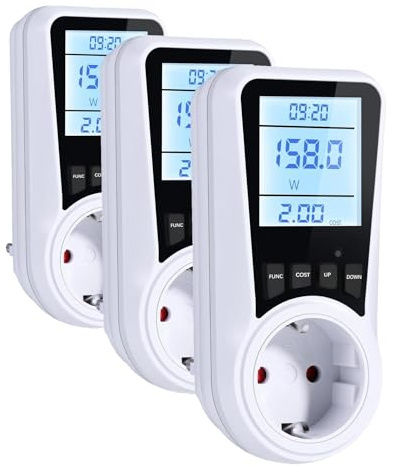 Vinabo Misuratore Consumo Elettrico con LCD, Contatore Energia Elettrica 16A/3680W, 7 Modalità Monitoraggio, Protezione Sovraccarico, Presa Consumo Energia (Confezione da 3)