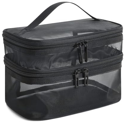 KASESSS Neceser Maquillaje De Doble Capa De Malla, Neceser Mujer Viaje PortáTil con Diseño Transparente, Transpirable Bolsa Maquillaje, Bolsa De Aseo Mujer De Gran Capacidad con Cremallera, Negro