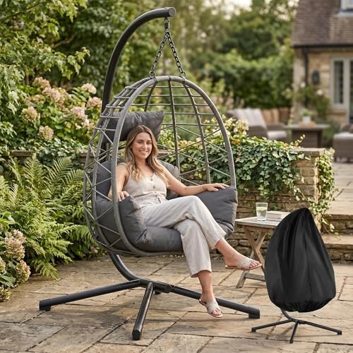 Koioplie Fauteuil suspendu pliable avec cadre - Rotin PE résistant aux intempéries - Avec housse de protection contre la poussière et coussin - Ergonomique et facile à monter - Pour jardin, balcon