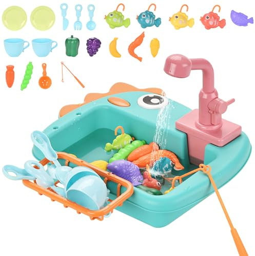 Fregadero de Juego con Agua Corriente, Juego de 21 Piezas con circulación eléctrica, Fregadero 2 en 1 para niños y niñas