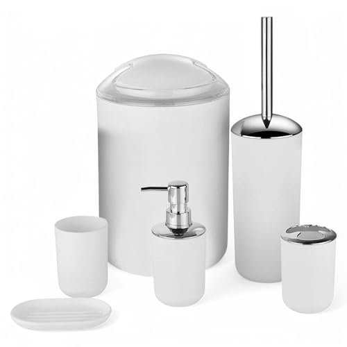 GMMH – Set di 6 accessori da bagno, con dispenser per sapone, porta saponetta e scopino per WC (modello 3, bianco)