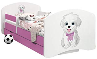 Happy Babies - Dubbelsidig rosa barnsäng med skolblad, modern design med säkra kanter och fallskydd, skummadrass 7 cm (19. Hund med båge, 160 x 80)