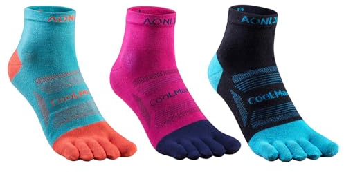 Azarxis Calzini da corsa per donne e uomini, atletici, a cinque dita, taglio basso, alla caviglia, calzini a quarto di gamba, 3 paia, E4802# Quarter - Nero + Blu Lago + Magenta - 3 paia, 2.5-4.5