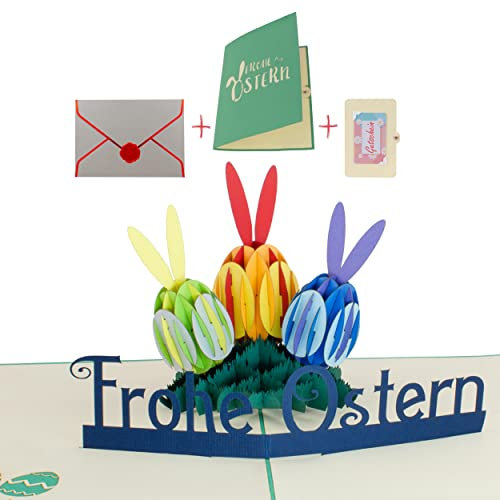 uniqHeart® Handgemachte 3D Pop-Up Oster-Karte Frohe Ostern - inkl. edlem Wachs-Siegel und Geschenk-Umschlag - Glückwunsch-Karte - Ostergrüße - Osterfest - Frohe Ostern - Ostereier