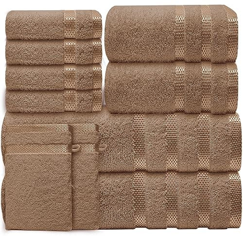 Casabella Luxury Bath Towel Set- 10 Piece Towels for Bathroom 100% Cotton-2 Bath Towels, 2 Hand Towels, 4 Face cloth & 2 Body Wash Gloves Highly Absorbent Hotel Quality Towel Bale Set Beige