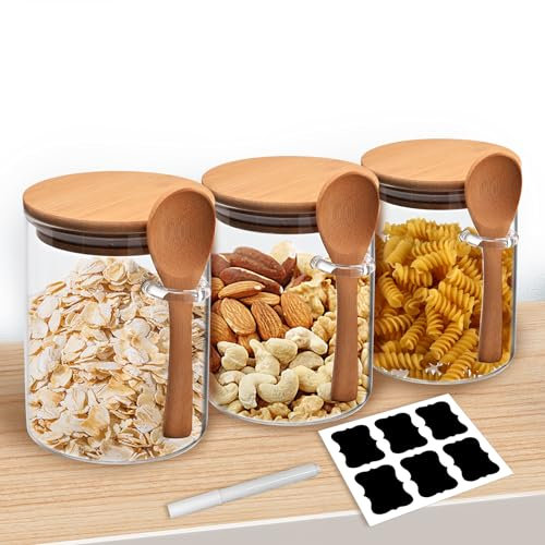 Gigmeta Lot de 3 bocaux de conservation en verre avec couvercle et cuillère - 540 ml - Avec couvercle en bambou - Hermétiques - Pour la cuisine