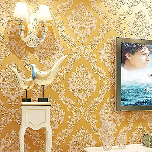 HimYKEA European Retro 3D Flower Damask Wallpaper for Bedroom Living Room Background Home Decoration Non-Pasted Wall Paper Roll Gold Yellow Colour 1.73' W x 32.8' L