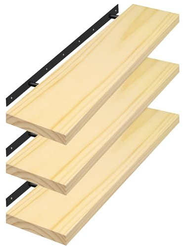 eSituro Set of 3 Wall Shelves, Solid Wood Floating Shelves, with Invisible Bracket, for Bedroom, Kitchen, Living Room, Natural Wood, 80 x 19 x 3.5 cm