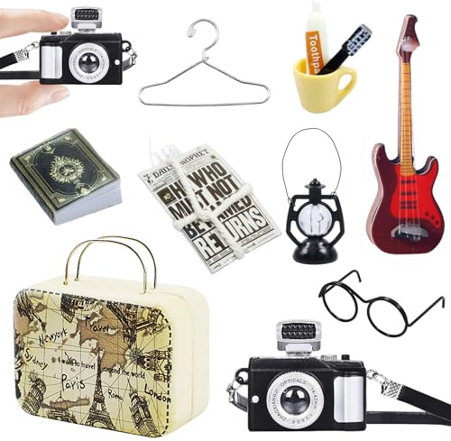Tomtetillbehörsset, 11 stycken miniatyrdockhusstillbehör, miniatyr tomte tillbehör jul, tomte resetillbehör med vintage fodral, böcker, tidning, gitarr, kamera, glasögon