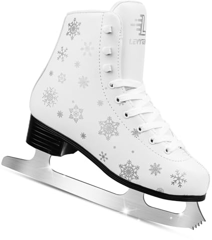 LEVYTEMP Women's/Girls Figure Ice Skates - Youth White Snowflake Figure Skating Shoes with Two Insoles - Comfortable, Safe Indoor Outdoor Rink Size US 7