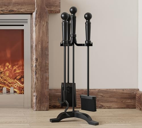 Kingson 4-Piece Black Iron Fireplace Tool Set – Includes Brush, Shovel, Poker & Stand – Compact Fireside Companion Set for Wood Burners & Open Fires