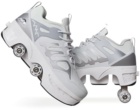 Chaussures à roulettes Escamotables 4 Roues pour Enfants - Basket Roller Garçon Fille (33-40) - Patins à roulettes Cachés, Skate Sneaker Enfant, white-38