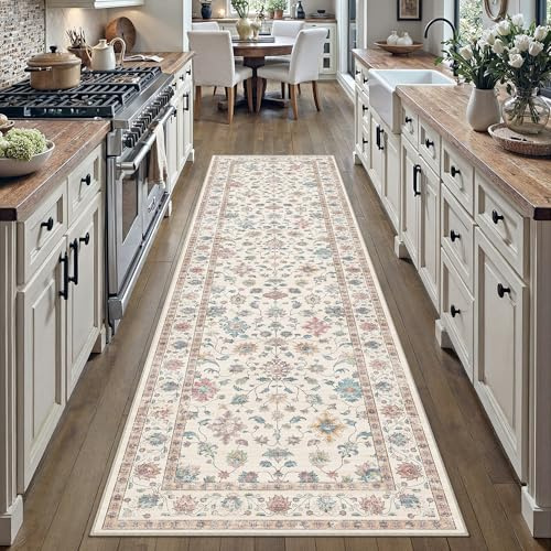PureCozy Runner Rugs for Hallway 60x240cm Long Vintage Area Rug Washable Non Slip Lounge Bedroom Kitchen Bedside Office Corridor Indoor Floral Bobo Carpet Low Pile, Multicolored