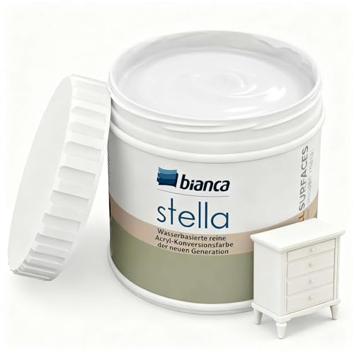 Bianca Stella möbelfärg utan slipning – vattenbaserad parfymerad möbelfärg för trä, köksskåp, bord, stol – vit, glänsande, reptålig, hög täckning, 500 ml