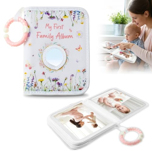 Album Nascita Bambino, NAVESO 17 Foto Album Fotografico 10x15 cm con Specchio e Gancio, Libro Nascita Bimbo in Tessuto per Baby Shower, Foto di Famiglia con Bambini Piccoli