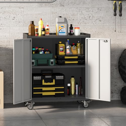 GarveeMore Armoire de Rangement de Garage sur roulettes – Métal Robuste, Verrouillage sécurisé – Étagère et Plateau Ajustables – 90 cm, Multifonction – Couleur : Light Gray and Dark Gray Color