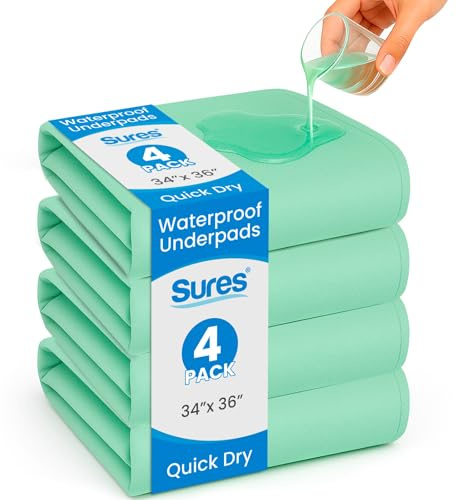 Sures Washable, Waterproof Bed Pad & Mattress Protector for Incontinence (34 x 36 - 4 Pack) - Reusable Bed Pad for Adults & Elderly - Bed Wetting Protection Mattress Pad - Underpad Bedwetting Sheet
