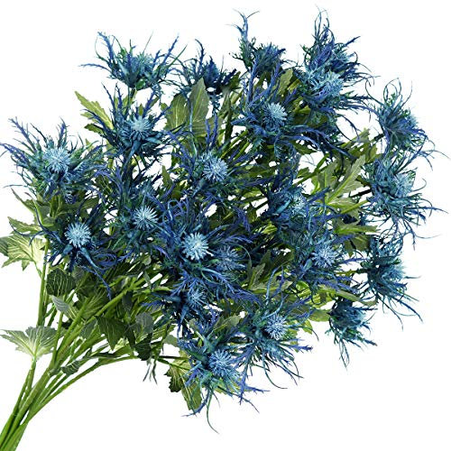FiveSeasonStuff 8 Stems Real Size Artificial Thistle Spray Real Touch Eryngium(Sea Holly)- Big Blue (Blue) 66cm