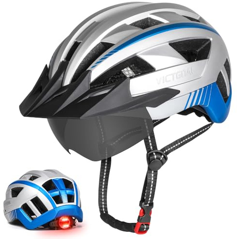 VICTGOAL Bike Helmet MTB Helmet with Removable Magnetic Goggles Detachable Sun Visor and LED Rear Light Road Bike Helmet for Adult Men Women Safety Helmet (Silver, L: 57-61 cm)