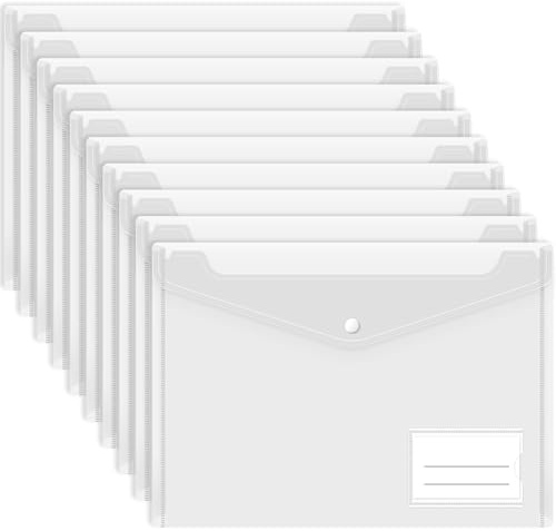 Smarpau A4 Plastic Wallets, 10 Pack Clear Folders Plastic File Folder Document Wallets Envelope Folders with Label Pocket and Button for School, Home, Office, Travel and Stationary Supply