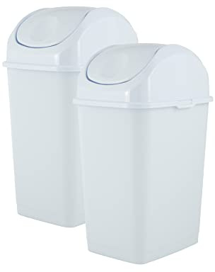 Superio New (2 Pack) Small 2.5 Gallon Plastic Trash Can with Swing Top Lid, Waste Bin for Under Desk, Office, Bedroom, Bathroom- 10 Qt (White)